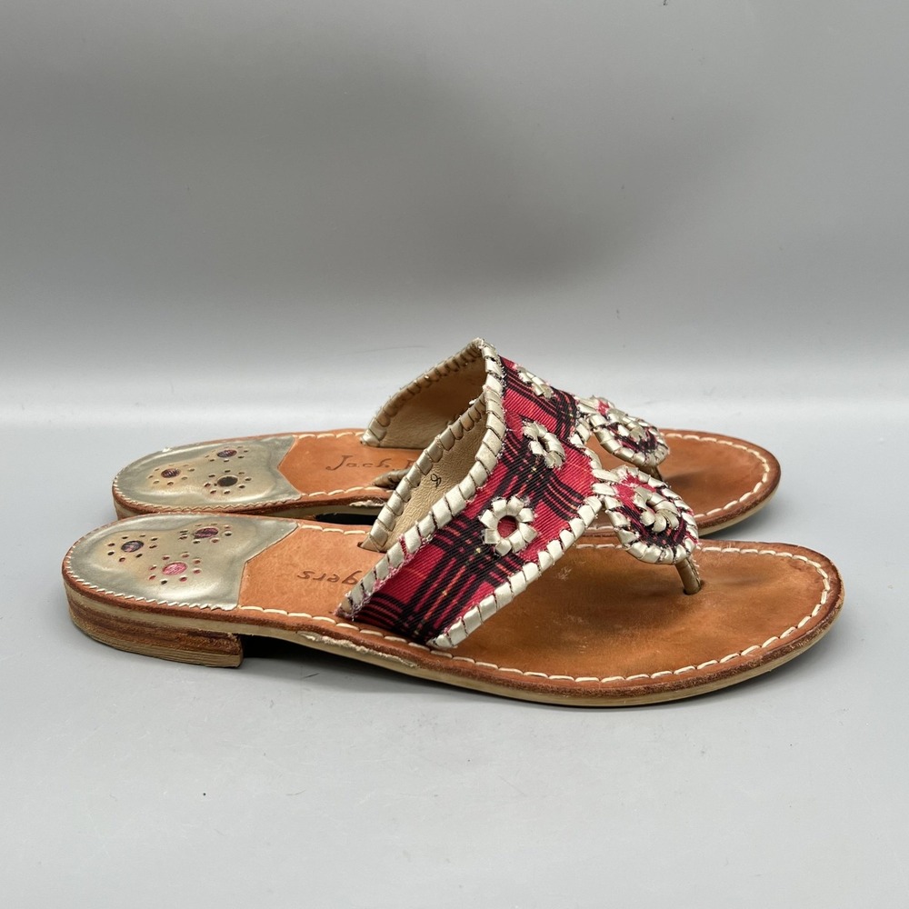 Jack Rogers Sandals Womens 8 Red Leather Plaid Thong Medallion Flat Summer Shoes